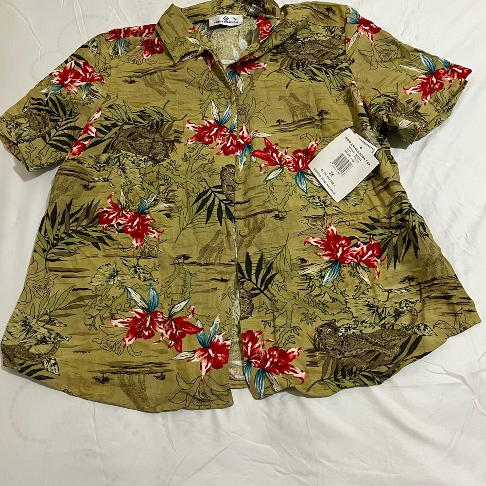 erin london Olive Green Floral Short Sleeve ButtonDown Shirt Women’s Size 1X NEW